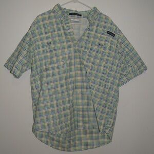 Men's Blue, Green, Yellow, and White Plaid Columbia Fishing Shirt size Large